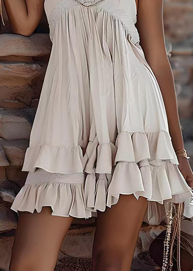 Beige Ruffled Patchwork Cotton Spaghetti Strap Dress Summer