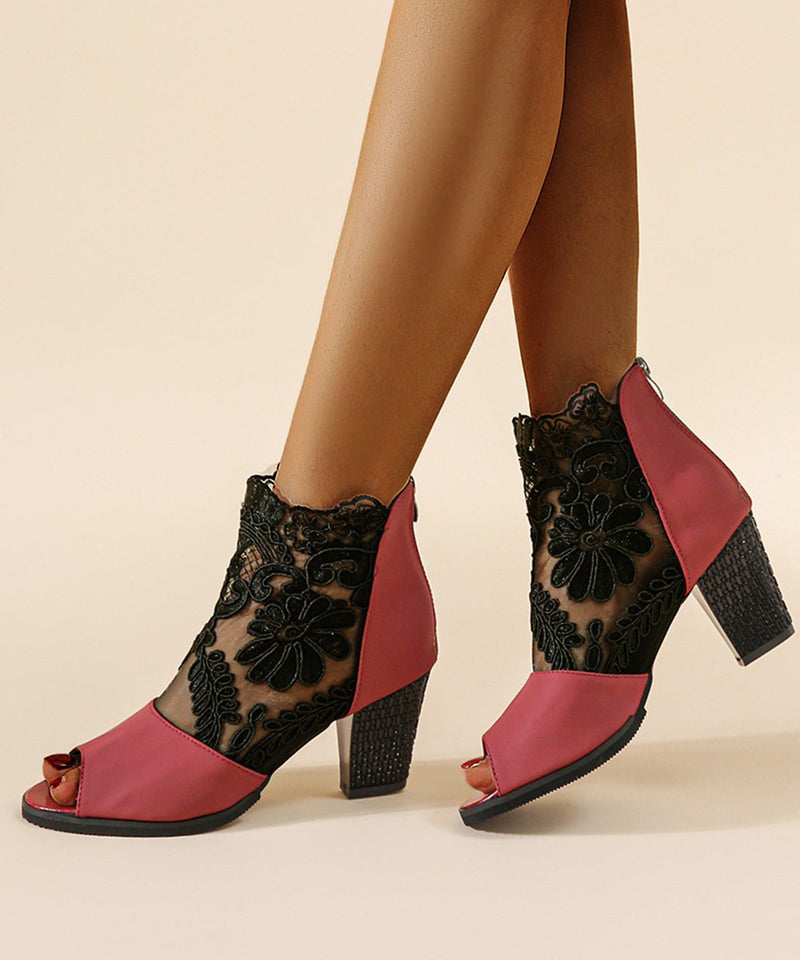 Stylish Black Faux Leather Boots Peep Toe Splicing Lace Tulle