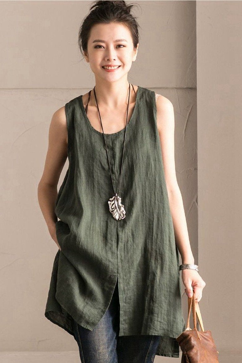 Green Cotton Linen Sleeveless Long Vest Summer for Outfits