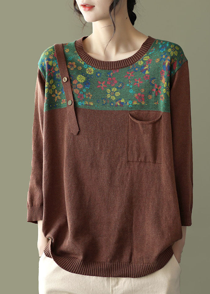 Loose Chocolate O-neck Button Patchwork Print Knit Tops Long Sleeve