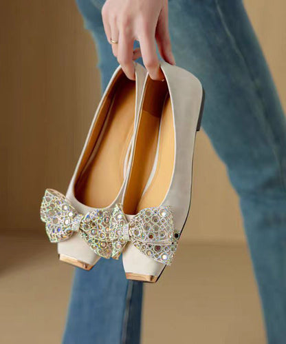 French Grey Suede Bow Zircon Splicing Flat Shoes for
