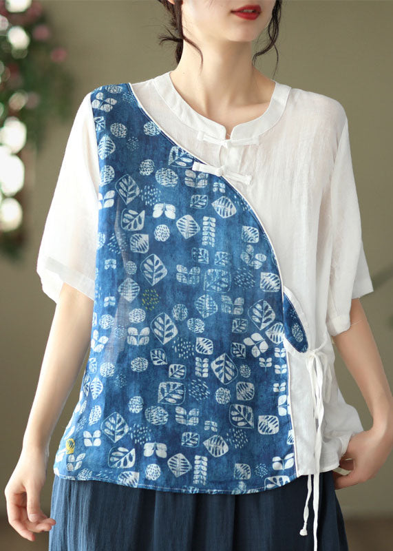 Blue Stand Collar Print Patchwork Linen Shirt Top Summer