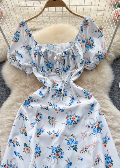 White Lace Up High Waist Cotton Dresses Short Sleeve