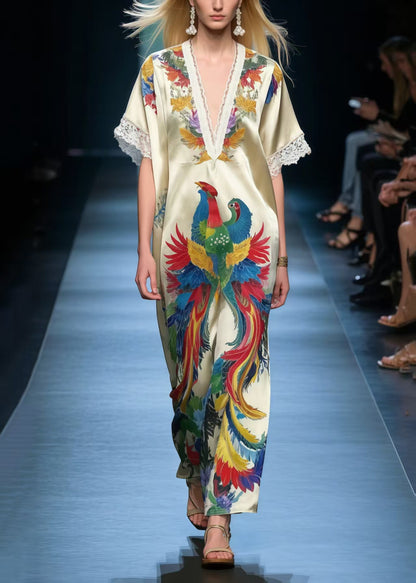 Stylish Apricot Phoenix Print Silk Vacation Dress Summer