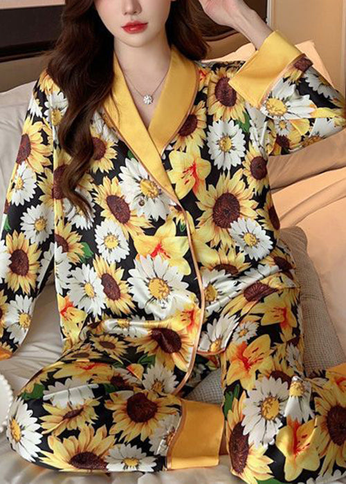 Yellow Print Shirts and Pants Ice Silk Pajamas Two Piece Set Spring