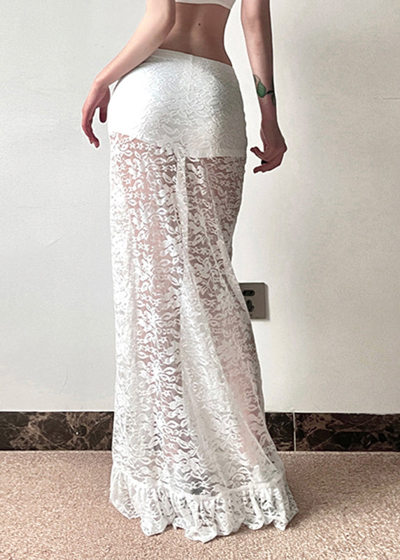 White Side Open Hollow Out Lace Wraped Skirts Spring