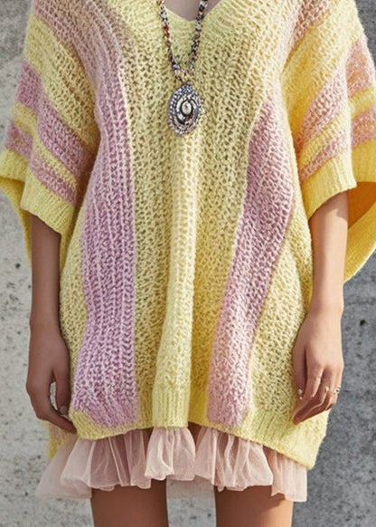 Diy Yellow Oversized Patchwork Tulle Knit Dress Batwing Sleeve