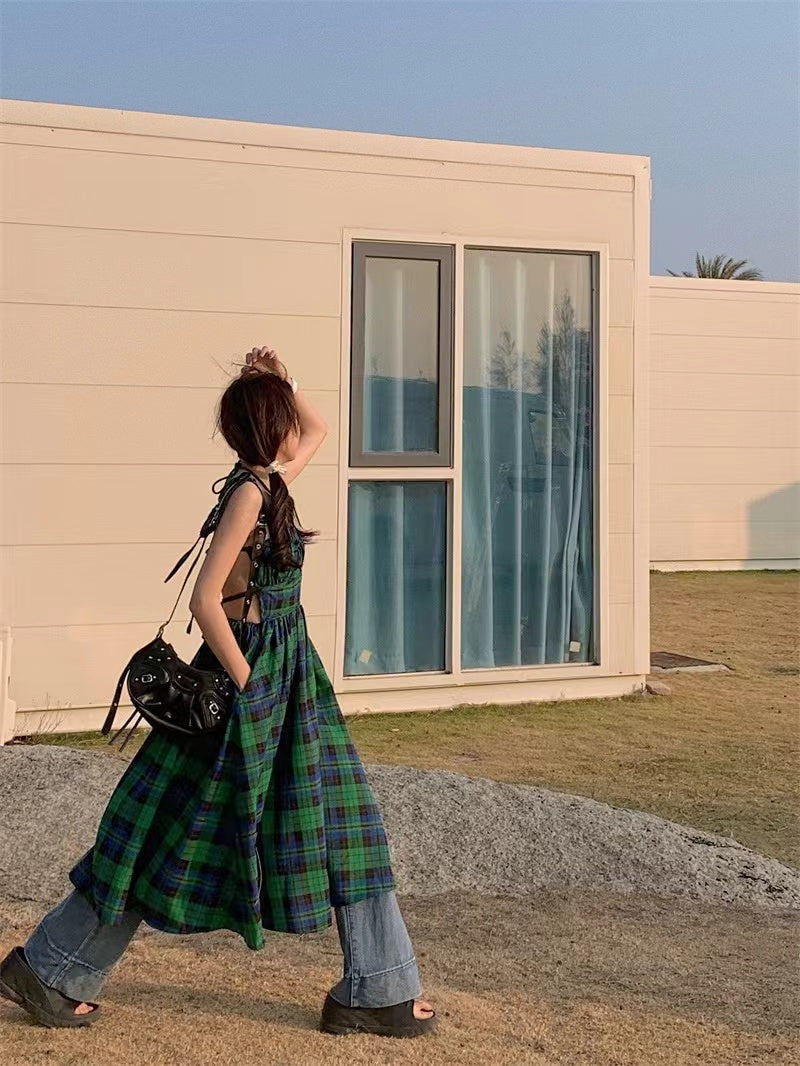 Retro Green Plaid Waist Backless Slip Dress