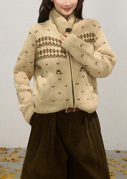 Khaki Stand Collar Zippered Knit Jackets Fall
