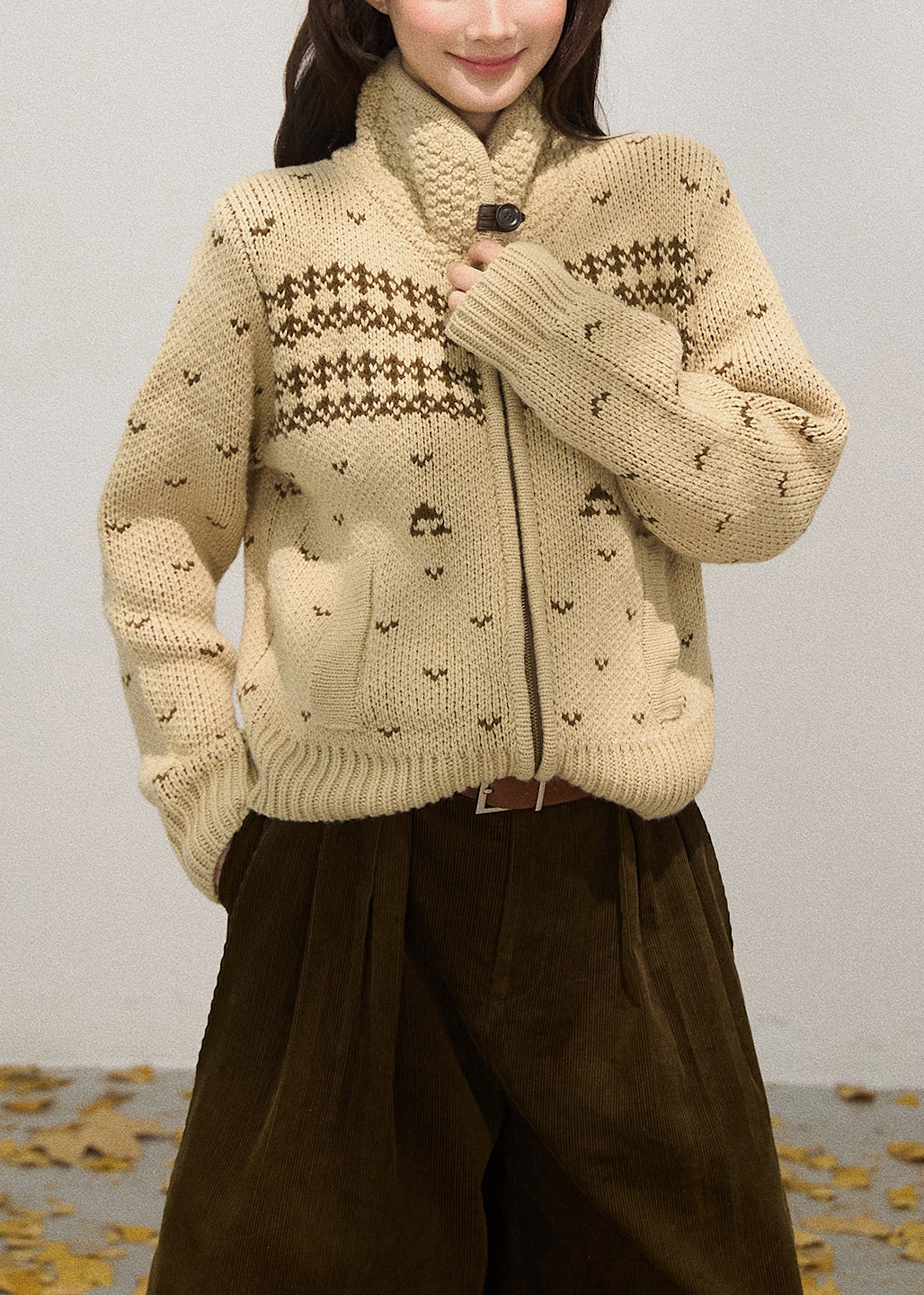 Khaki Stand Collar Zippered Knit Jackets Fall