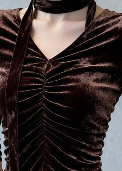 Coffee V Neck Wrinkled Silk Velour Top Flare Sleeve