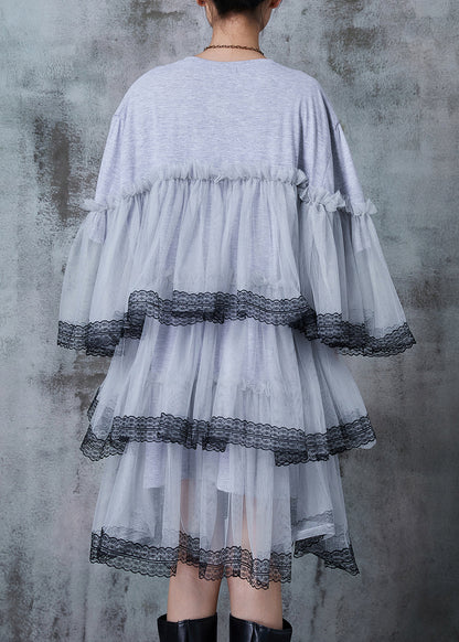 Grey Oversized Patchwork Tulle Vacation Dress Summer