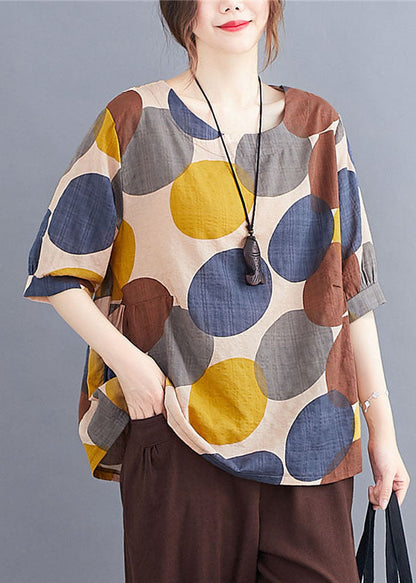 Coffee O Neck Print Patchwork Cotton T Shirts Summer