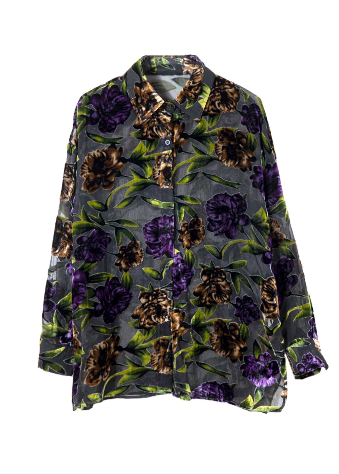 Handmade Green Peter Pan Collar Print Chiffon Shirts Spring