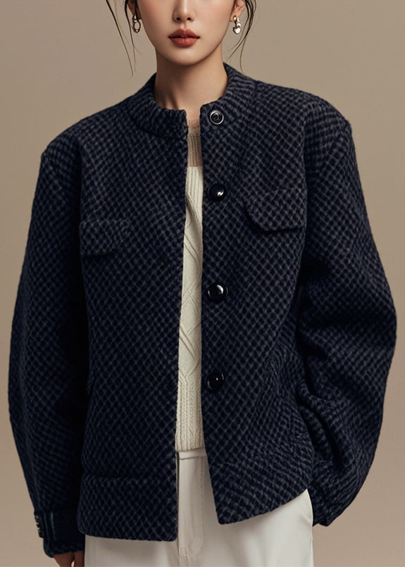 French Black O Neck Button Coat Winter