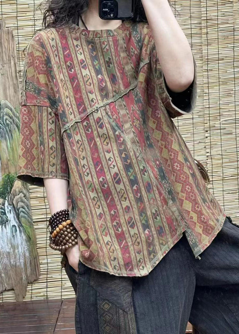 Red Print Asymmetrical Patchwork Cotton T Shirt Top Summer