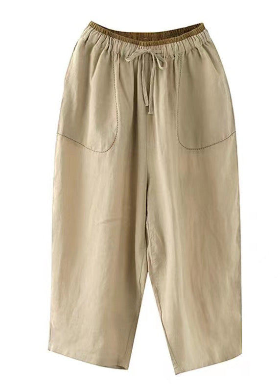 Khaki Patchwork Elastic Waist Tie Waist Crop Pants Summer