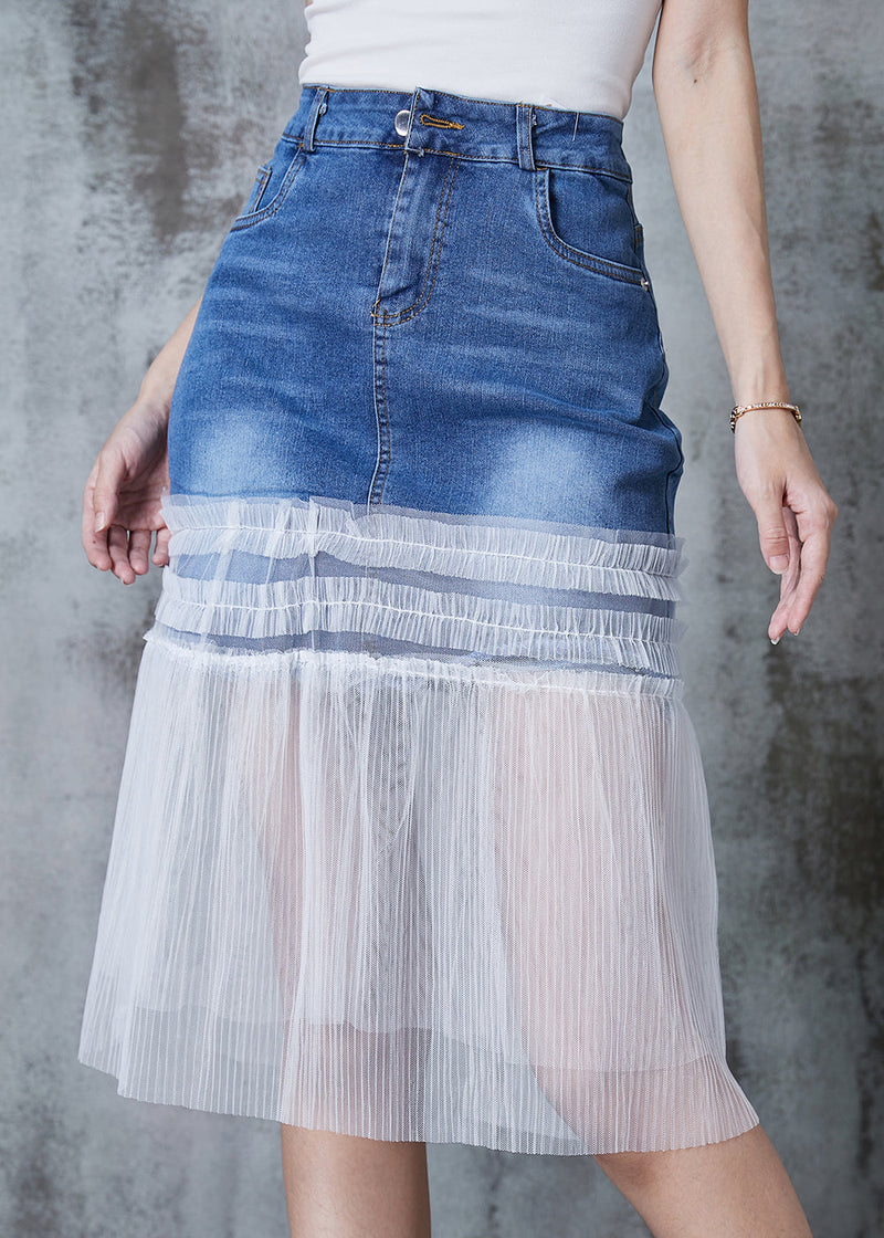 Denim Blue Ruffled Patchwork Tulle Skirt Summer