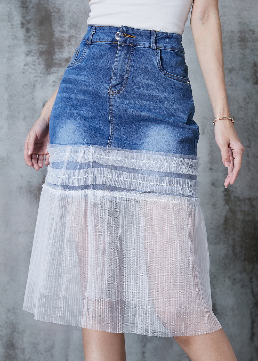 Denim Blue Ruffled Patchwork Tulle Skirt Summer