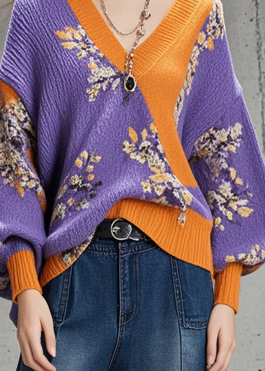 Purple Oversized Print Sweaters Batwing Sleeve