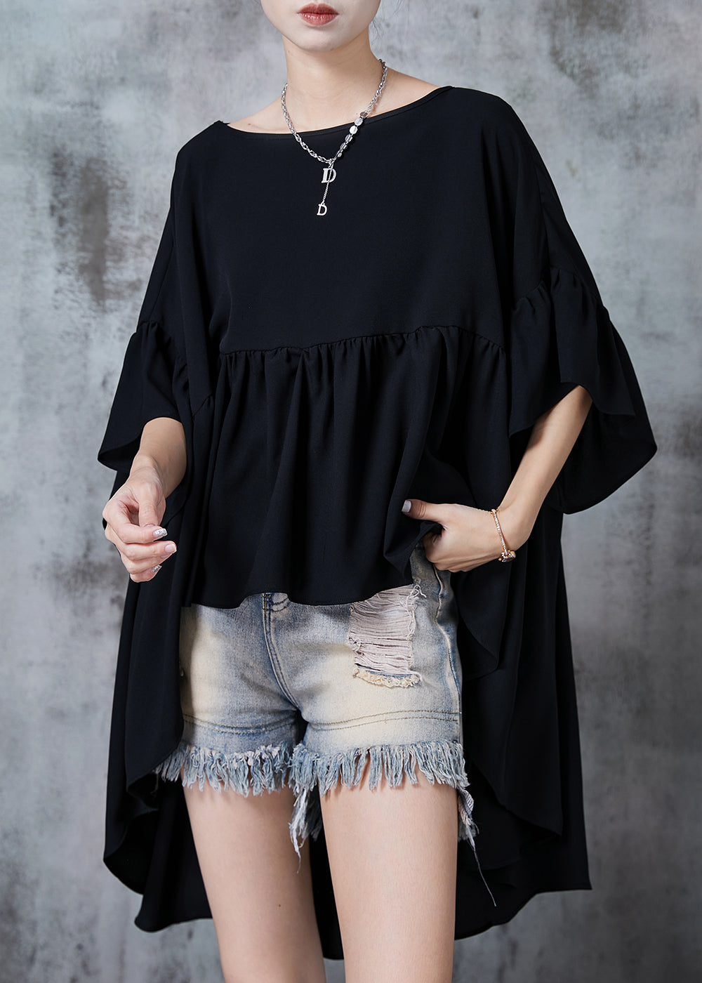 Black Oversized Low High Design Chiffon Tops Summer