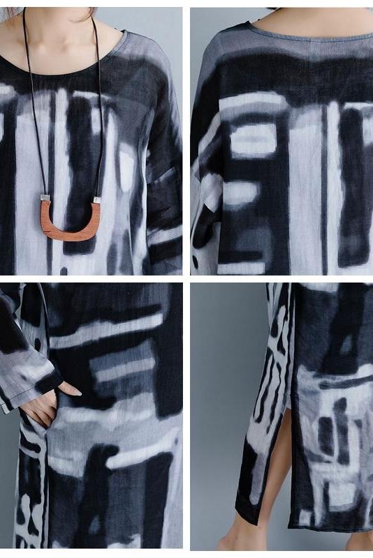 Loose Black Print Loose Linen Maxi Dresses for