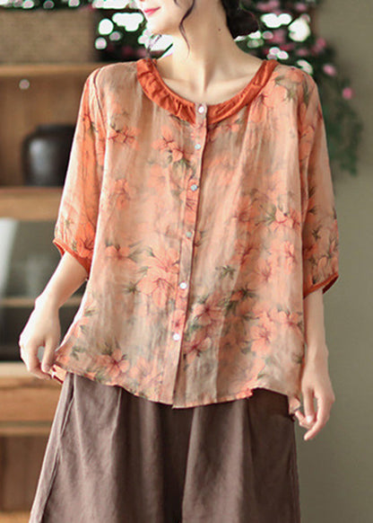 Orange O-neck Button Ramie Shirt Summer