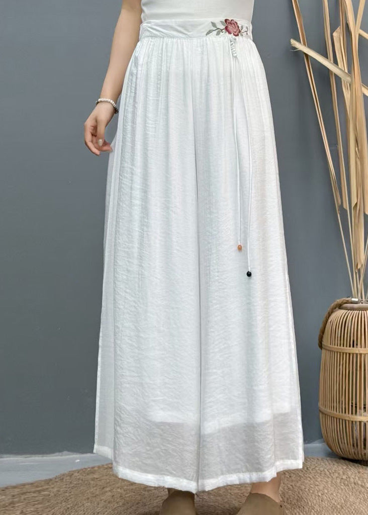 White Embroidered Side Open Linen Wide Leg Pants Summer