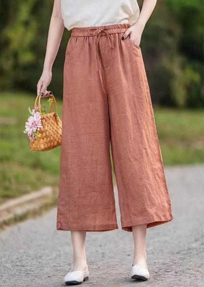 Orange Elastic Waist Linen Crop Pants Summer