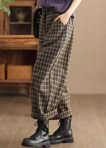 Pockets Plaid Elastic Waist Warm Fleece Trousers Spring