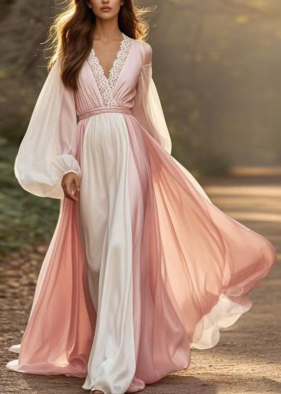 Colorblock V Neck Patchwork Chiffon Dress Lantern Sleeve