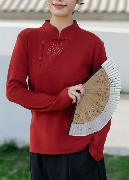 Red Stand Collar Embroidered Cotton Blouse Top Spring