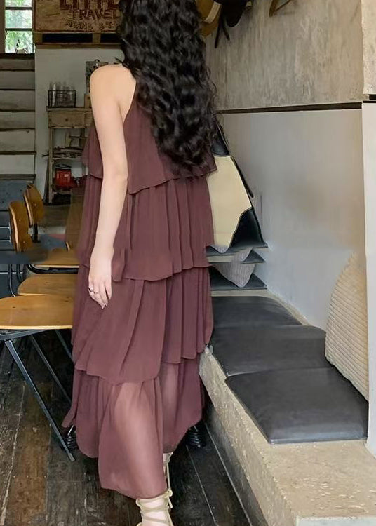Coffee O Neck Layered Wrinkled Patchwork Chiffon Dresses Sleeveless