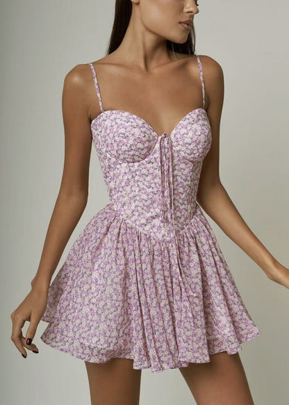 Pink Print Lace Up Cotton Spaghetti Strap Dress Sleeveles