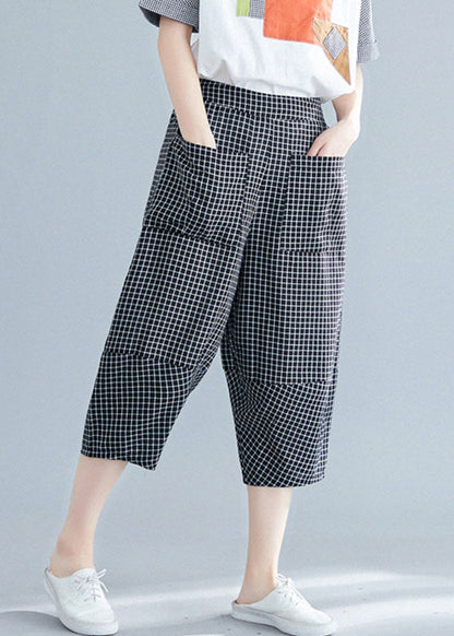 Black Plaid Elastic Waist Pockets Cotton Crop Pants Trousers Summer