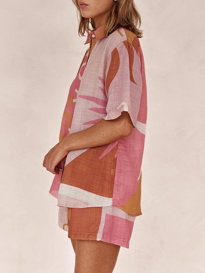 Loose Printed Bright Sun Vacation Shirt Shorts Set