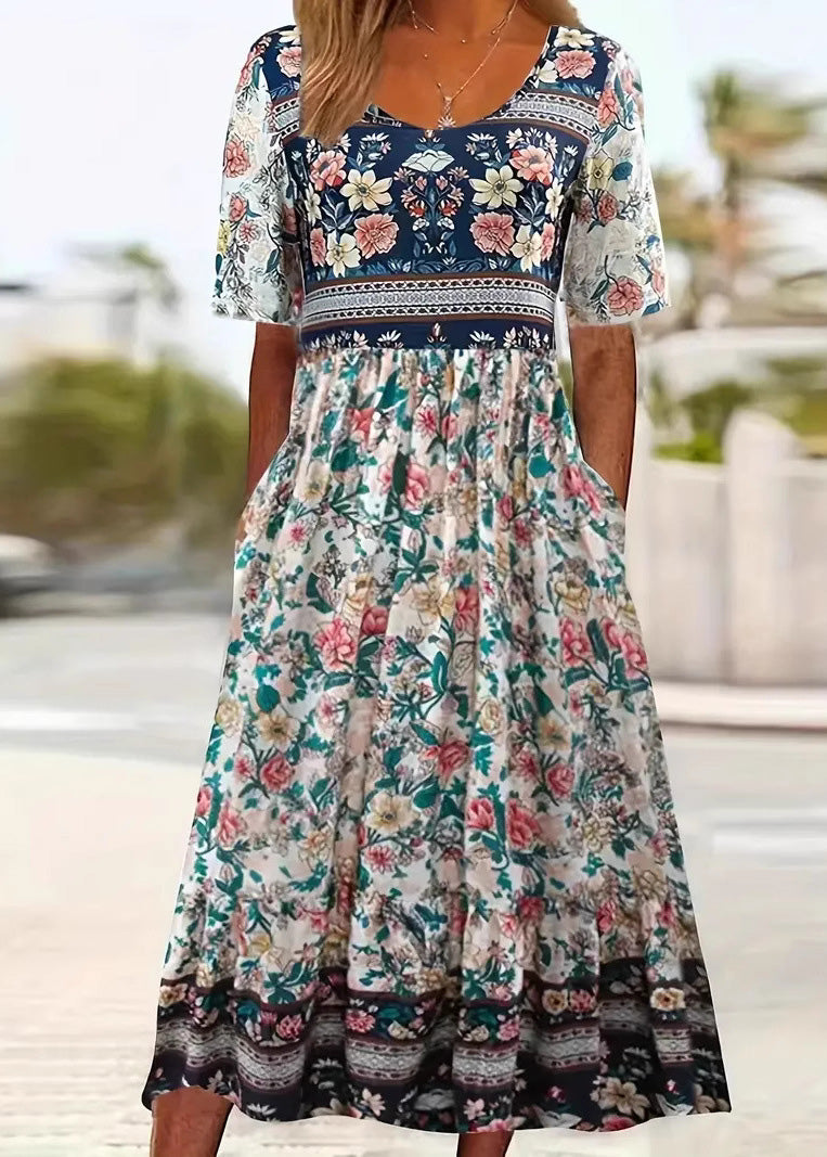 O Neck Print Pockets Cotton Dress Summer