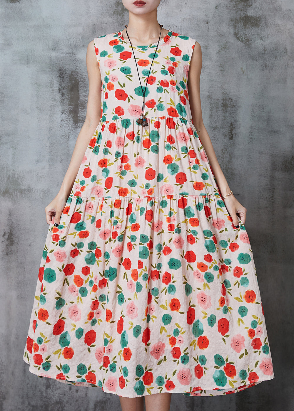 Apricot Print Cotton Beach Dress Summer