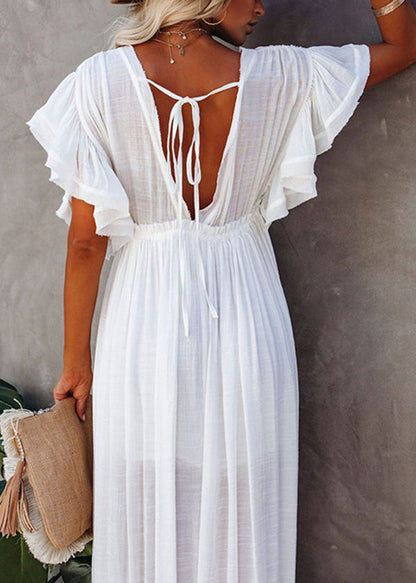 White V Neck Drawstring Lace Up Chiffon Long Dress Summer