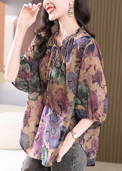 Blue Ruffled Print Chiffon Shirts Bracelet Sleeve