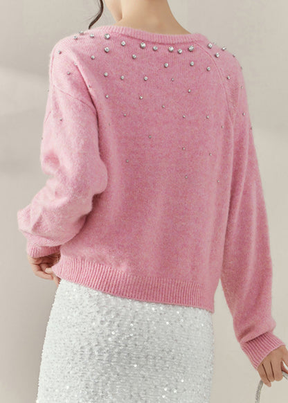 Pink O-neck Nail Bead Cozy Cotton Knit Sweater Spring