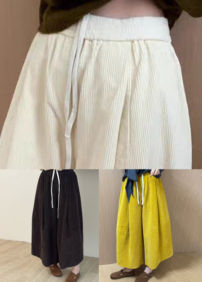 New Yellow Lace Up Elastic Waist Corduroy Crop Pants Fall