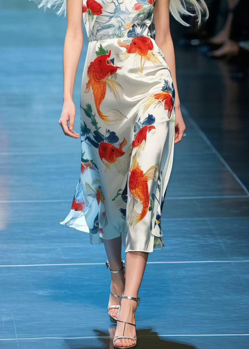 Koi Fish Print Draping Silk Cami Dresses Summer