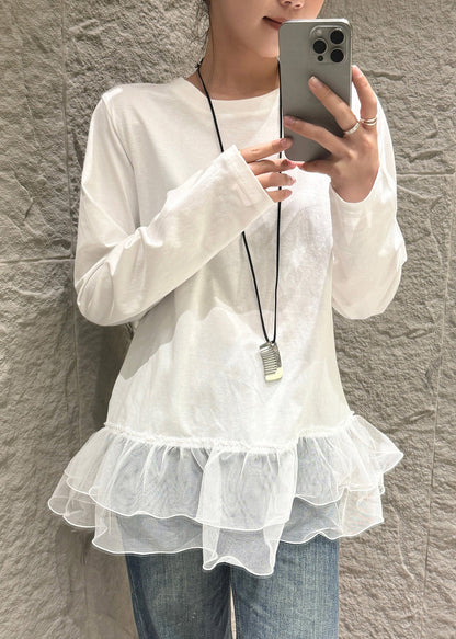 Unique White Oversized Patchwork Tulle Shirt Fall