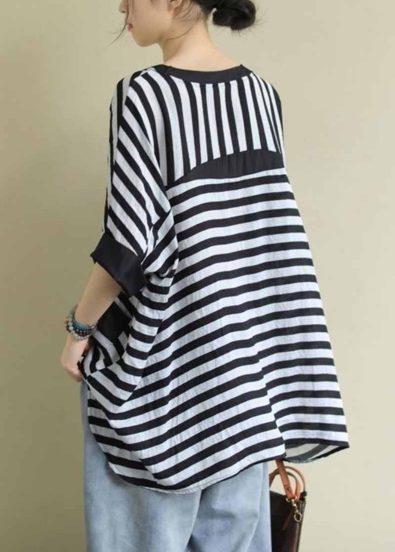 Black O Neck Striped Low High Design Cotton Shirt Top Summer