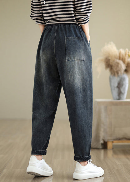 Navy Pockets Applique Elastic Waist Denim Pants Fall