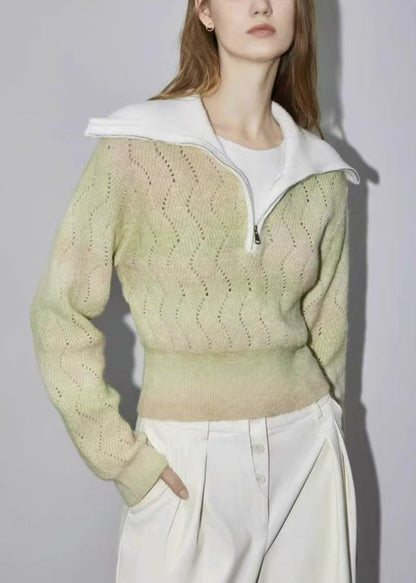 Green Zip Up Hollow Out Wool Knit Sweater Winter