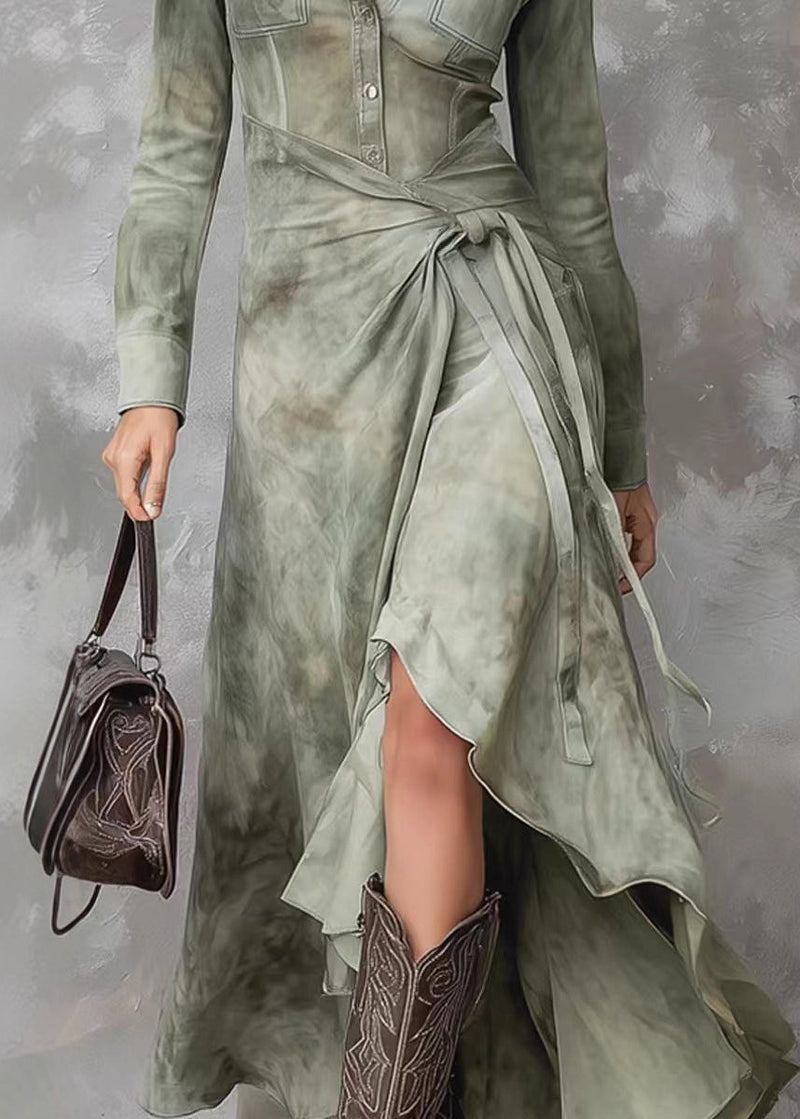 French Green Peter Pan Collar Tie Dye Lace Up Maxi Dresses Spring