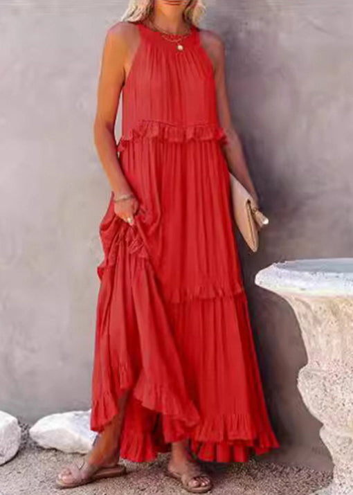 Navy Ruffled Patchwork Cotton Long Dresses Sleeveless