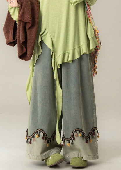 Blue Tasseled High Waist Patchwork Denim Wide Leg Pants Fall